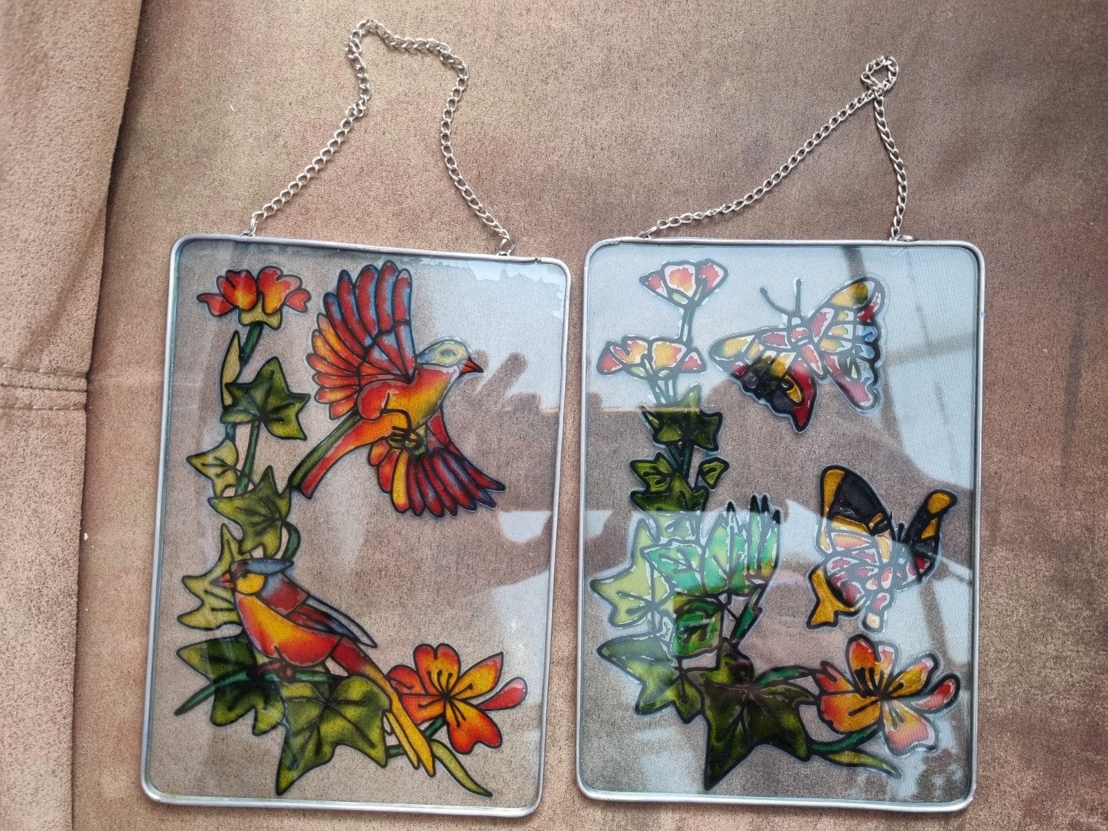 Glas in lood (vogel, vlinders en bloemen), Ophalen of Verzenden, Glas