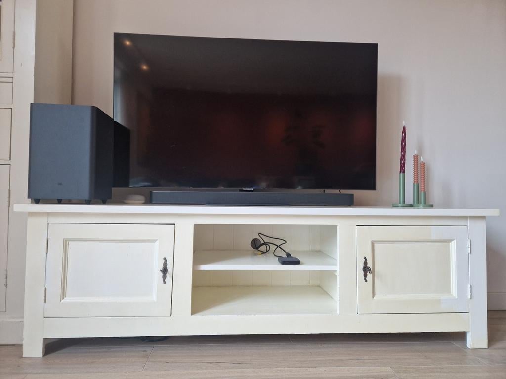 Wit massief houten TV meubel & vitrinekast, Ophalen, Gebruikt, 150 tot 200 cm, 150 tot 200 cm