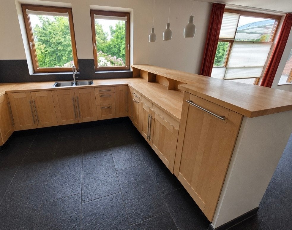 Keuken hoekkeuken bar eiland werkblad kitchen wood, Huis en Inrichting, Keuken | Complete keukens, Ophalen, Gebruikt