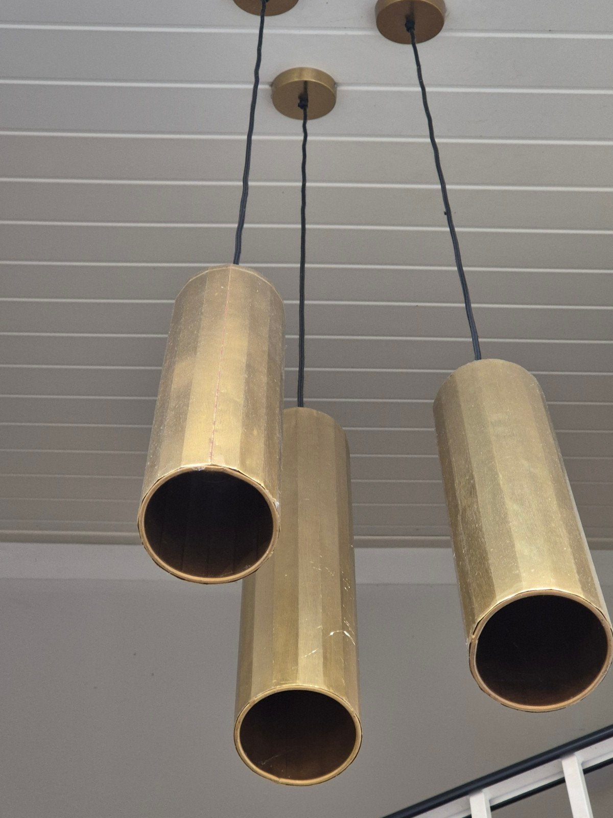 Set van 3 gouden cilinder hanglampen, Gebruikt, Modern, Industrieel, Metaal, E27 (groot)