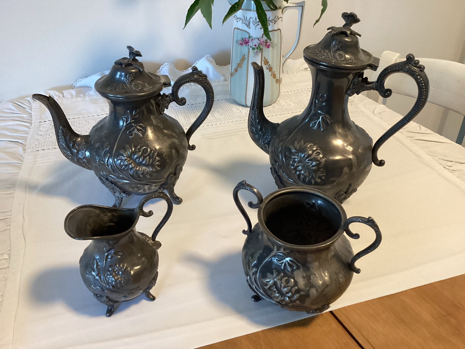 Antieke tinnen pronkstukken - Theepot, koffiepot, melkkan, s, Antiek en Kunst, Ophalen of Verzenden
