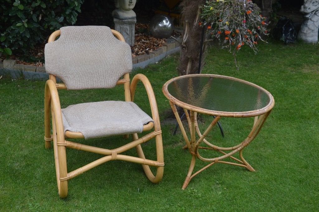 Vintage bamboe setje jaren 70 stoel + tafeltje gewolkt glas, Ophalen, Gebruikt, Rotan