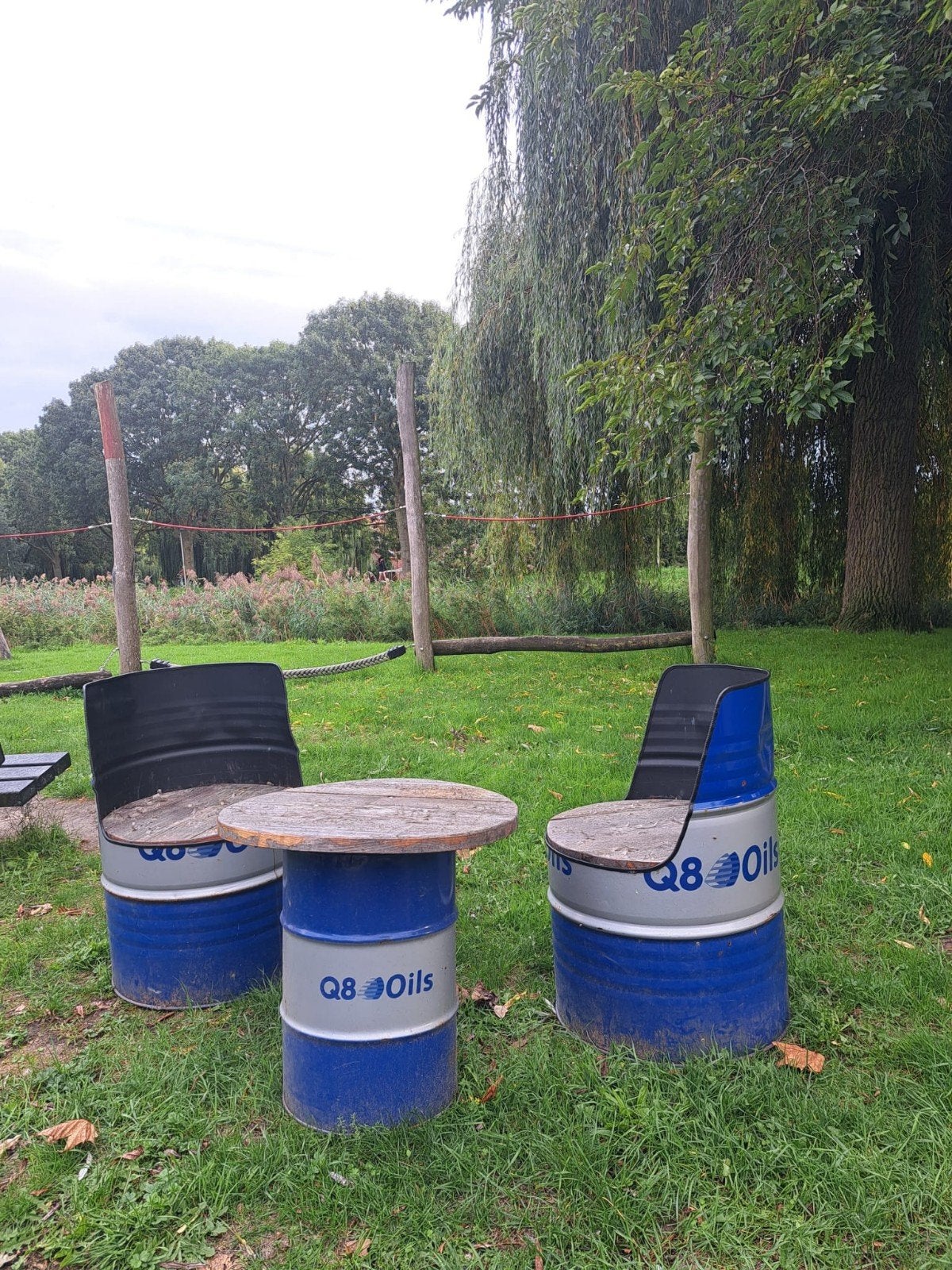 Unieke tuinset van gerecyclede Q8 Oils olievaten, Tuin en Terras, Gebruikt, Tuinset, Hout, Ophalen