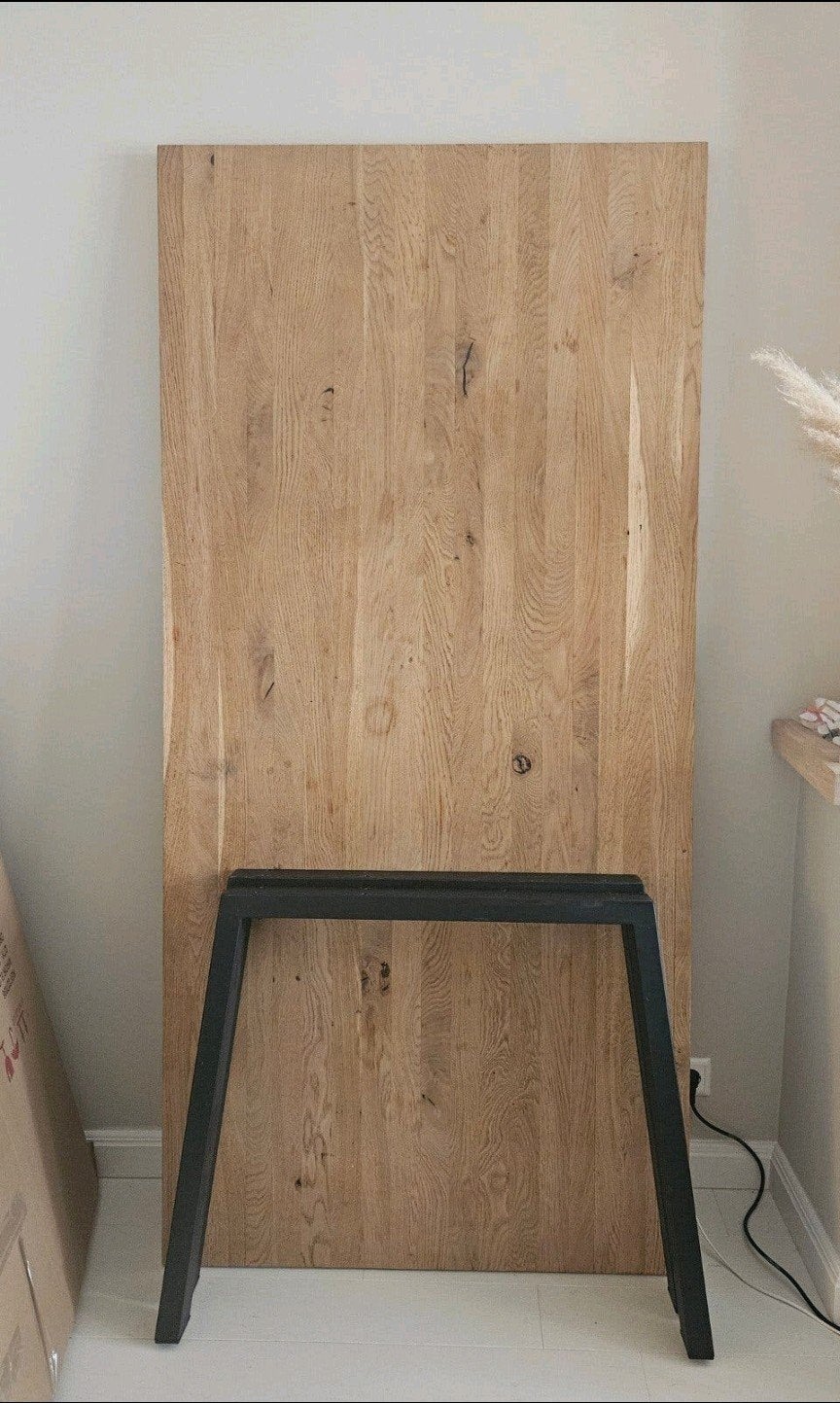 Eikenhouten eettafel met industrieel onderstel (200x95cm), Ophalen, Gebruikt, 50 tot 100 cm, 150 tot 200 cm