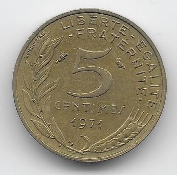 Frankrijk 5 centimes 1971 KM# 933, Verzenden, Frankrijk, Losse munt