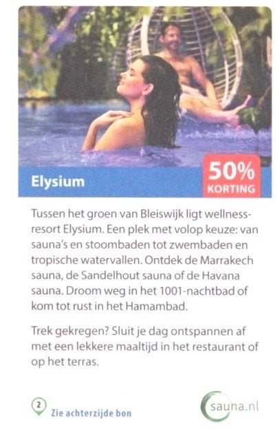 Elysium 50% korting, Drie personen of meer, Kortingsbon, Spa of Sauna