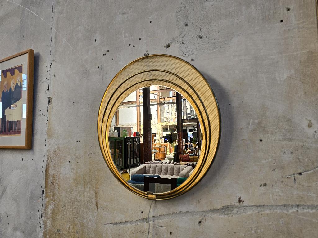 Jaren 80 Design Spiegel met Lamp | Vintage Rond Goud Messing