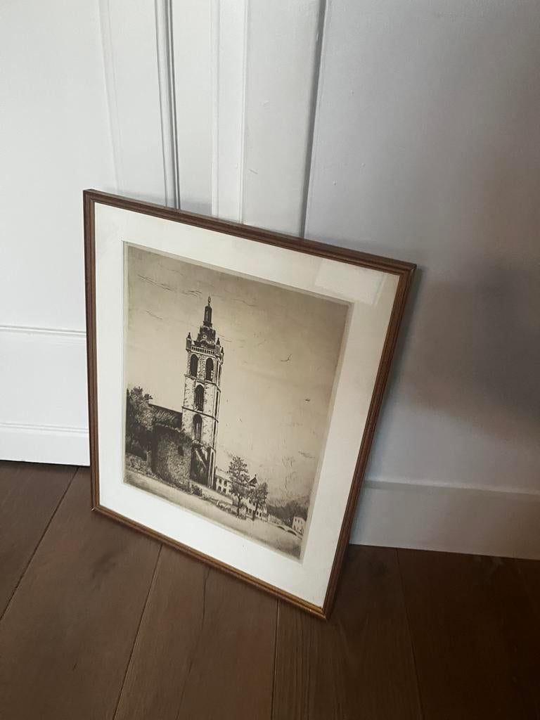 Ets van Cor van der Woerd - Christoffelkathedraal, Antiek en Kunst, Kunst | Etsen en Gravures, Ophalen, Architectuur, Ets, Ingelijst