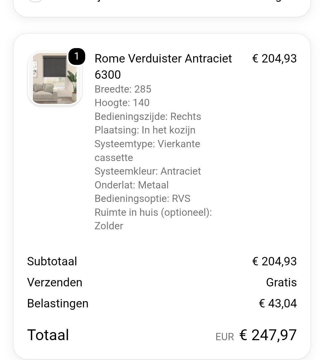 Nieuw verduisterend rolgordijn Rome Antraciet 285x140cm, Ophalen, Rolgordijn, Verduisterend, Metaal