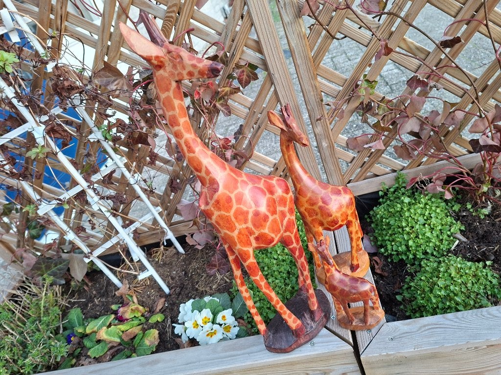 set van 3 mooie handgemaakte houten giraffen, Antiek en Kunst, Ophalen of Verzenden, Beschilderd, Houtsnijwerk