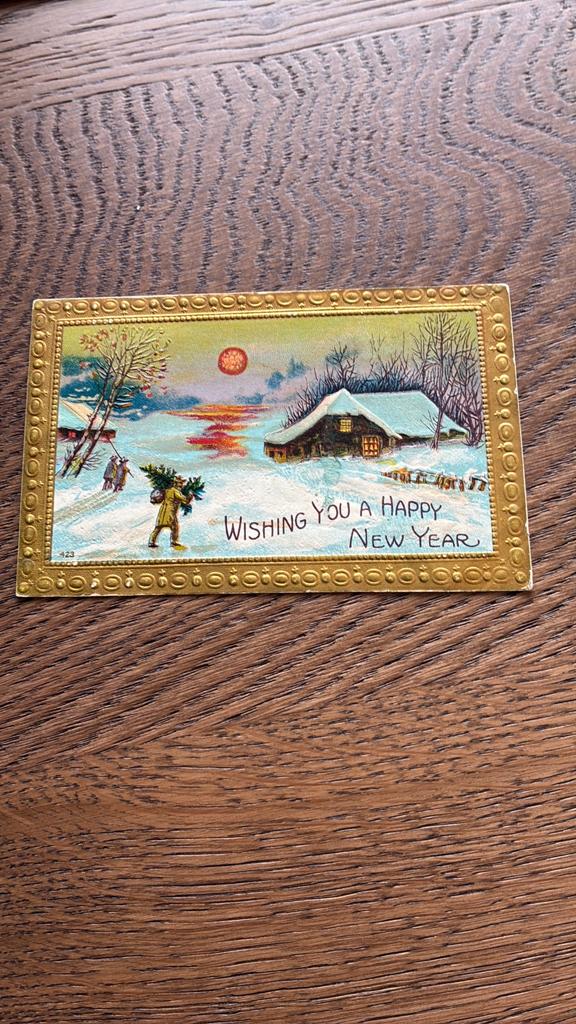 Nieuwjaar.Reliefkaart,gouden rand.Sneeuwlandschap,man/boom, Ophalen of Verzenden, Voor 1920