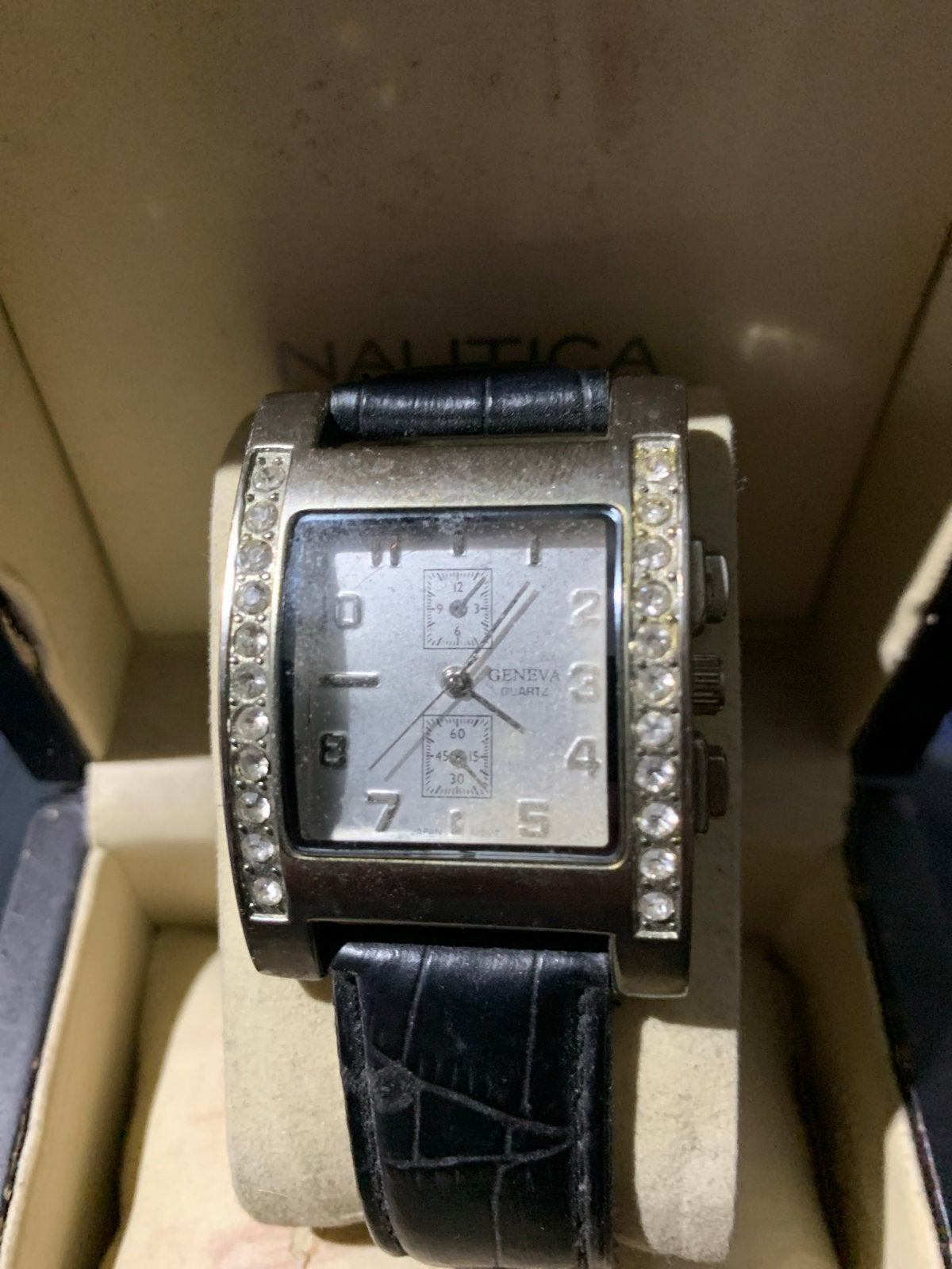 Geneva Quartz Horloge met Strass en Leren Band, Overige merken, Staal, Polshorloge, Ophalen of Verzenden