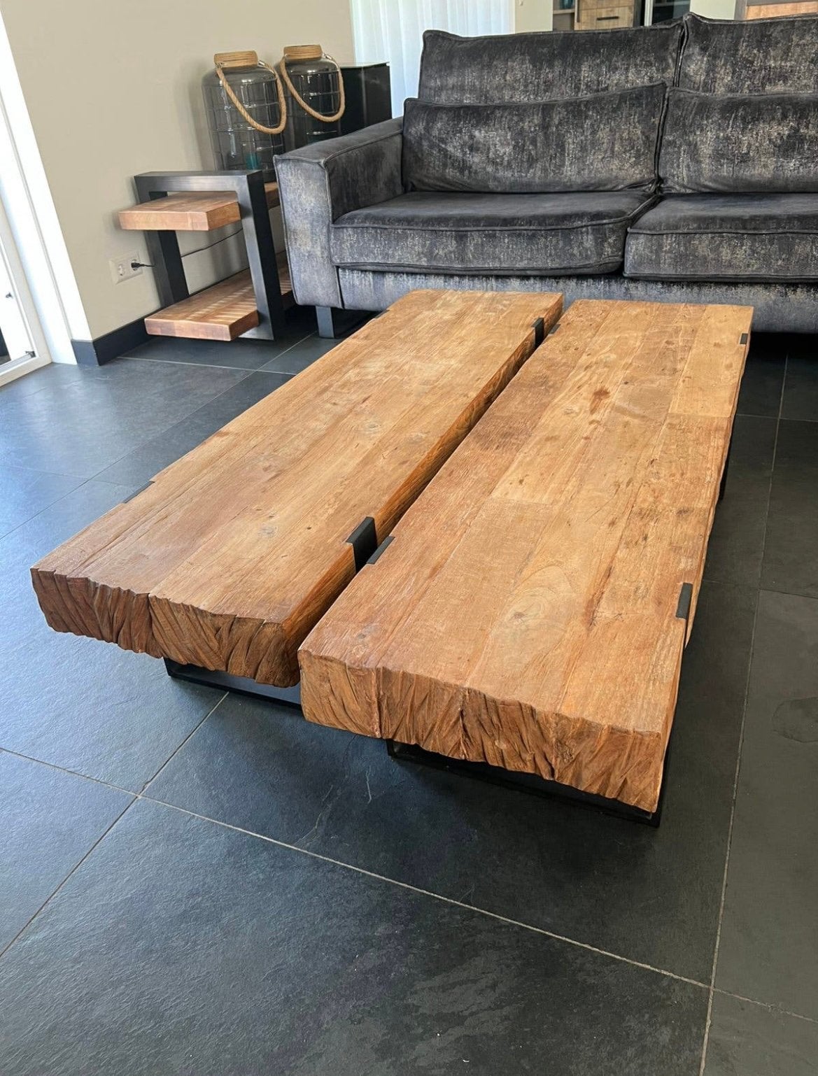 Houten designer salontafel robuust, Ophalen, 100 tot 150 cm, 50 tot 100 cm, Zo goed als nieuw
