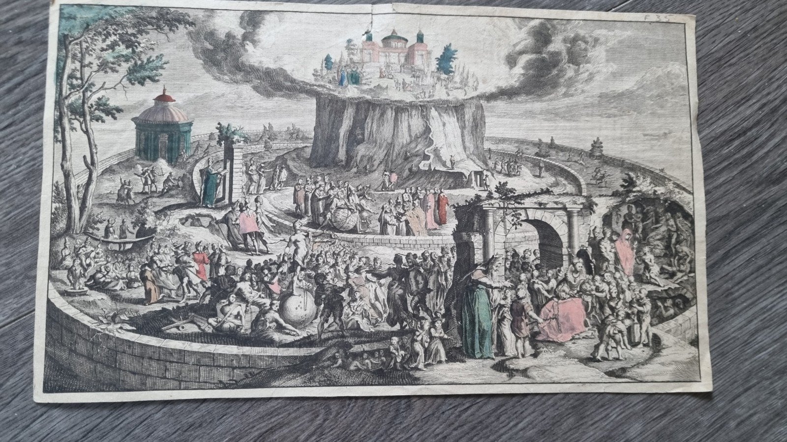 Antieke Gravure: Scène met Architectuur en Figuren, Antiek en Kunst, Ophalen of Verzenden