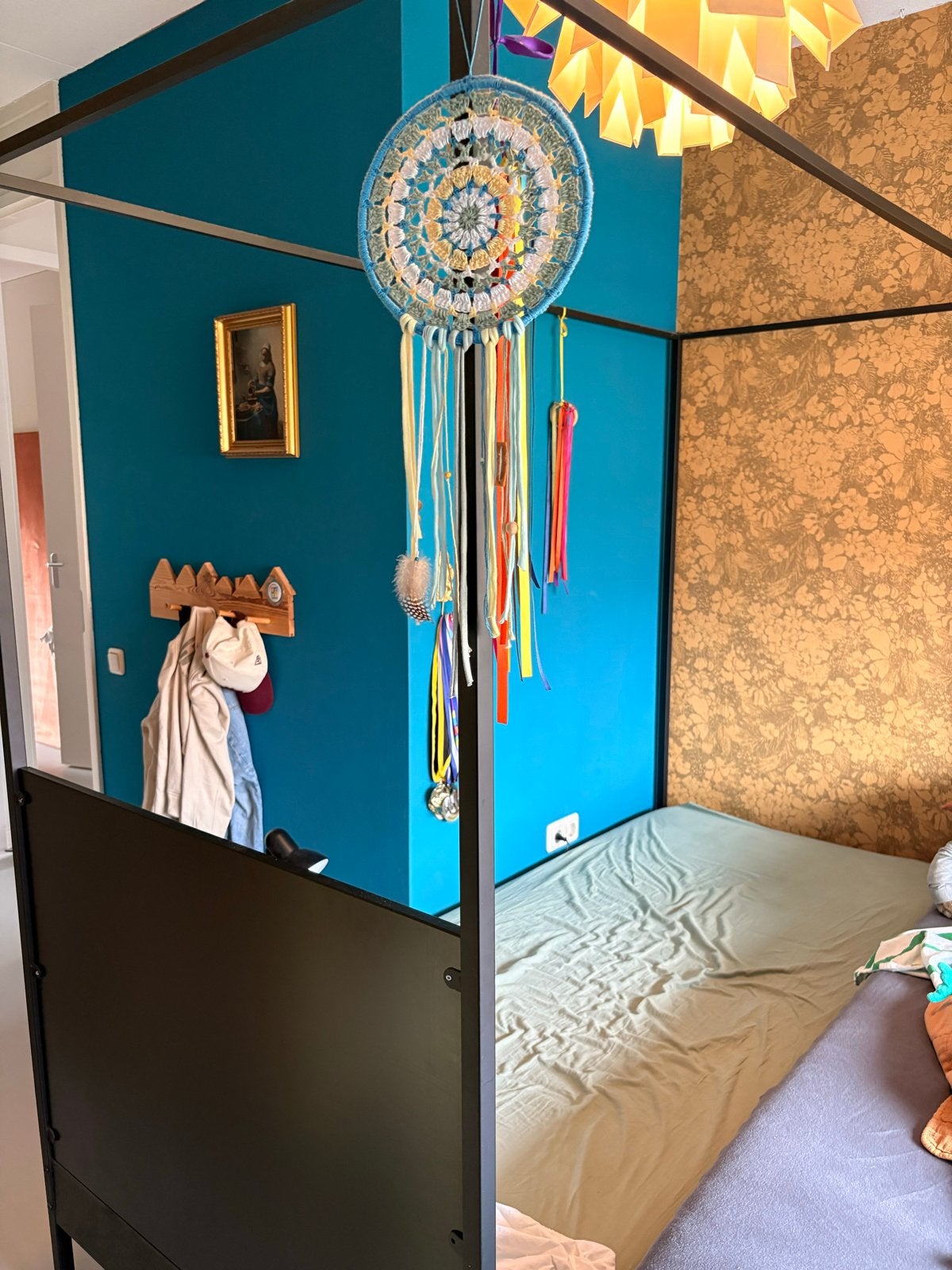 Zwart metalen hemelbed - eenpersoons, Huis en Inrichting, Slaapkamer | Bedden, Ophalen, Gebruikt, 90 cm, Eenpersoons