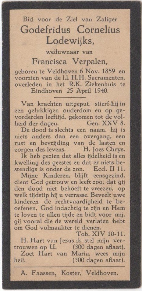 Godefridus Lodewijks 1859 Veldhoven + 1940 Eindhoven, 80 jr, Verzamelen, Bidprentjes en Rouwkaarten, Verzenden
