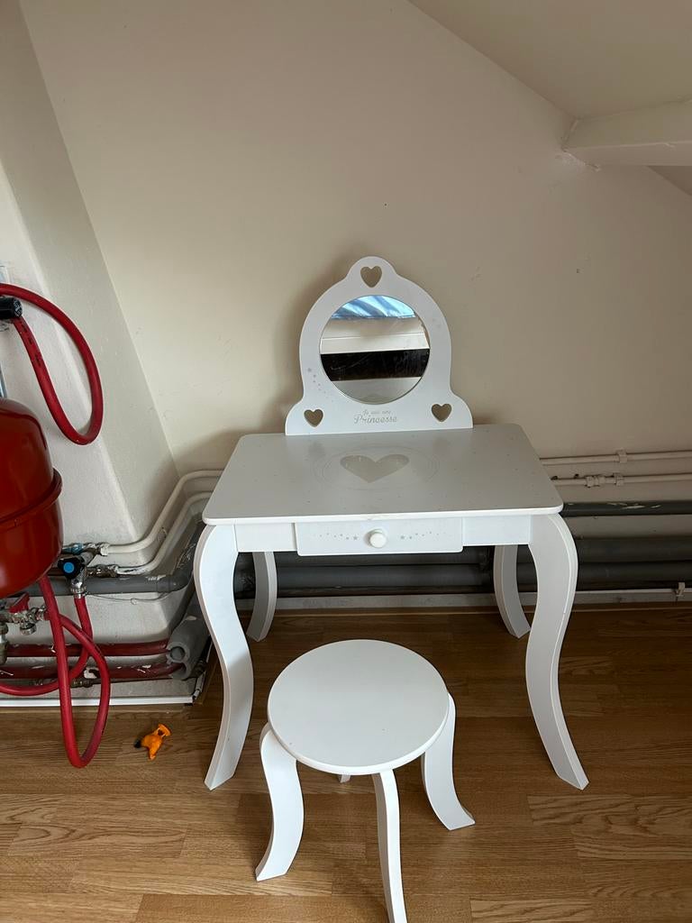 Witte kaptafel met spiegel en krukje voor kinderen, Ophalen, Zo goed als nieuw
