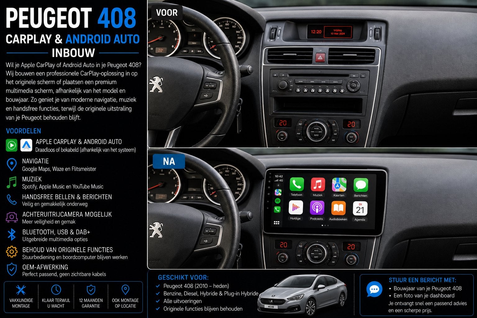Peugeot 408 CarPlay & Android Auto Inbouw, Ophalen, Nieuw