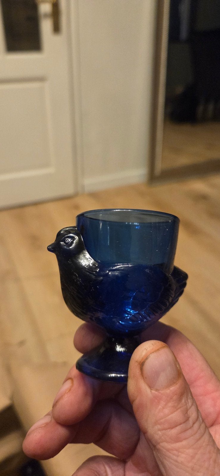 Vintage blauwe glazen eierdopjes in de vorm van een vogel, Ophalen