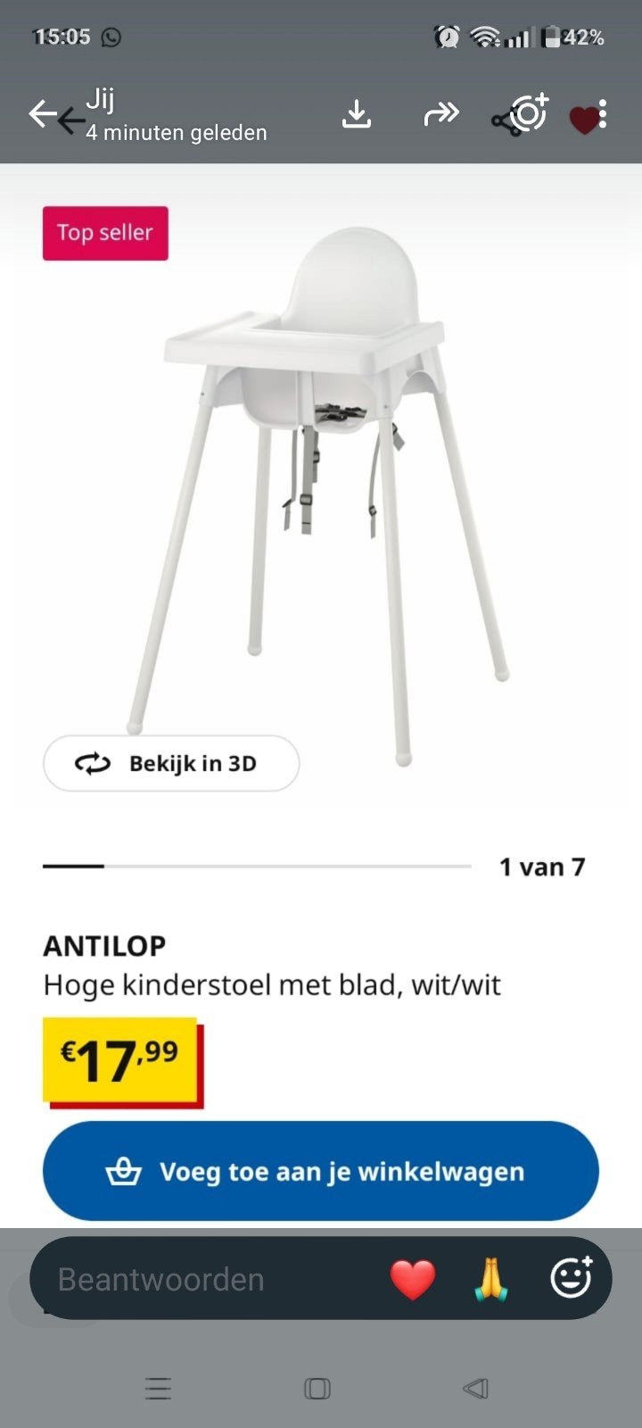 IKEA ANTILOP Kinderstoel met blad - Wit, Ophalen, Zo goed als nieuw, Overige typen, Afneembaar eetblad
