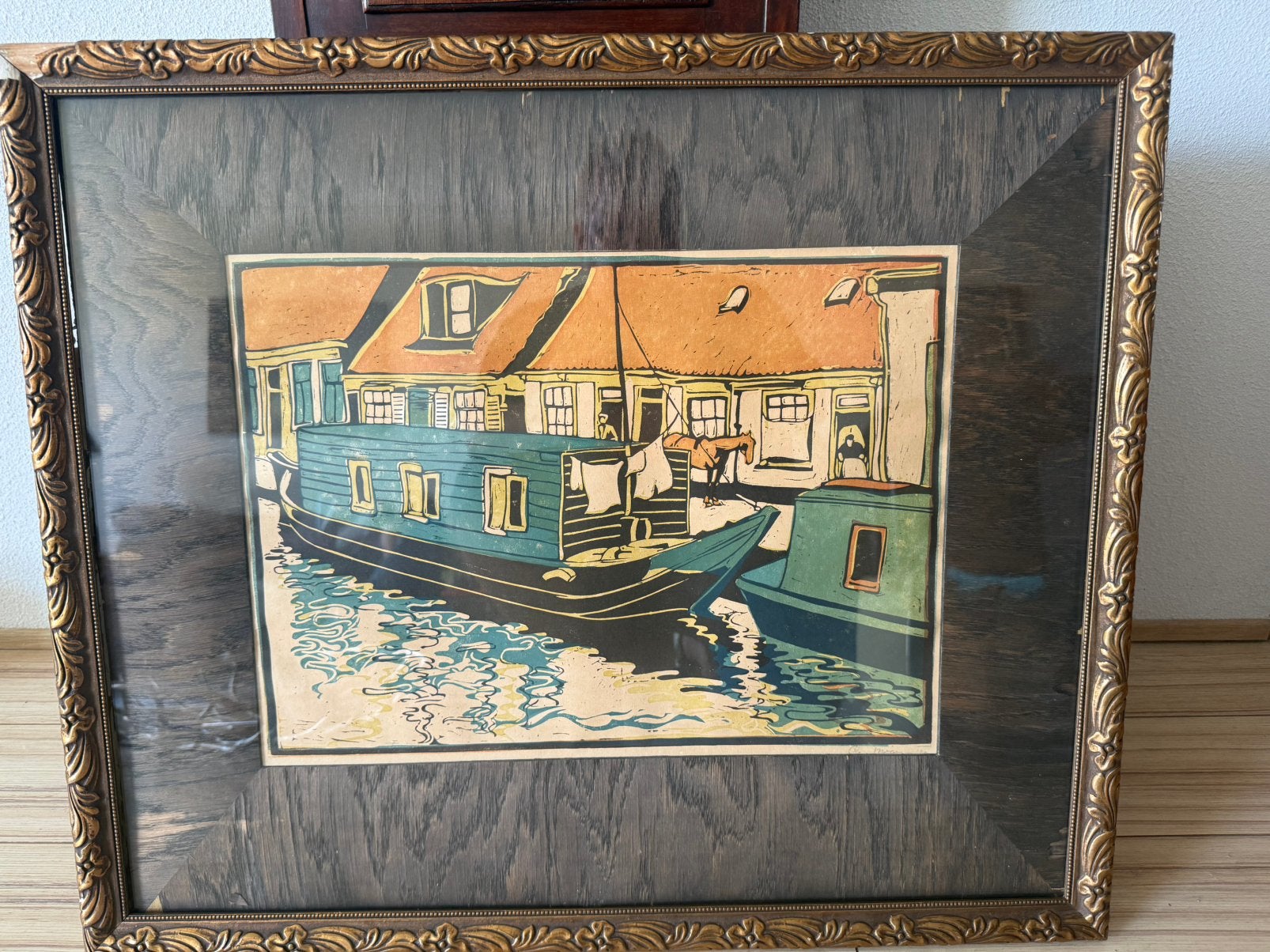 Prachtige Kleurhoutsnede Cees Bolding 1897-1979 Woonboot1929, Ophalen