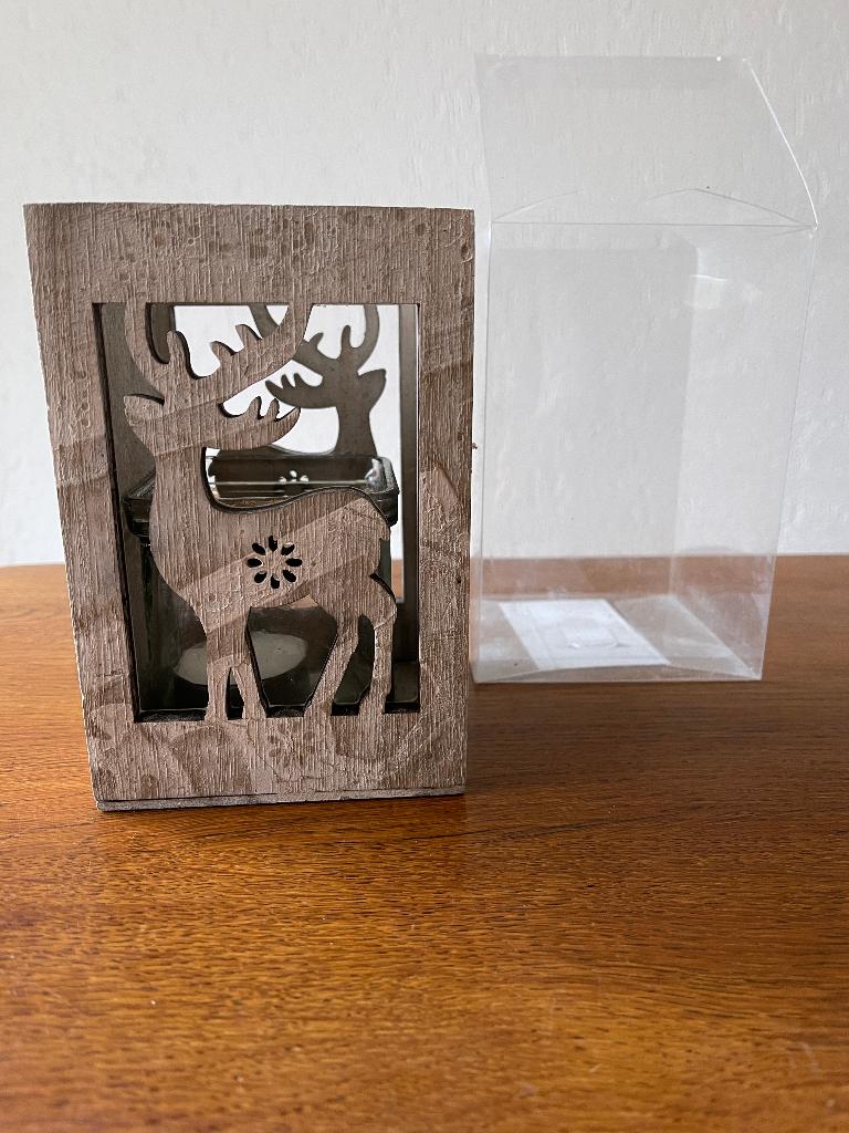 'Waxinelichthouder van Hout' "Hert/Rendier" met Glas Nieuw, Ophalen of Verzenden, Nieuw, Overige materialen, Minder dan 25 cm