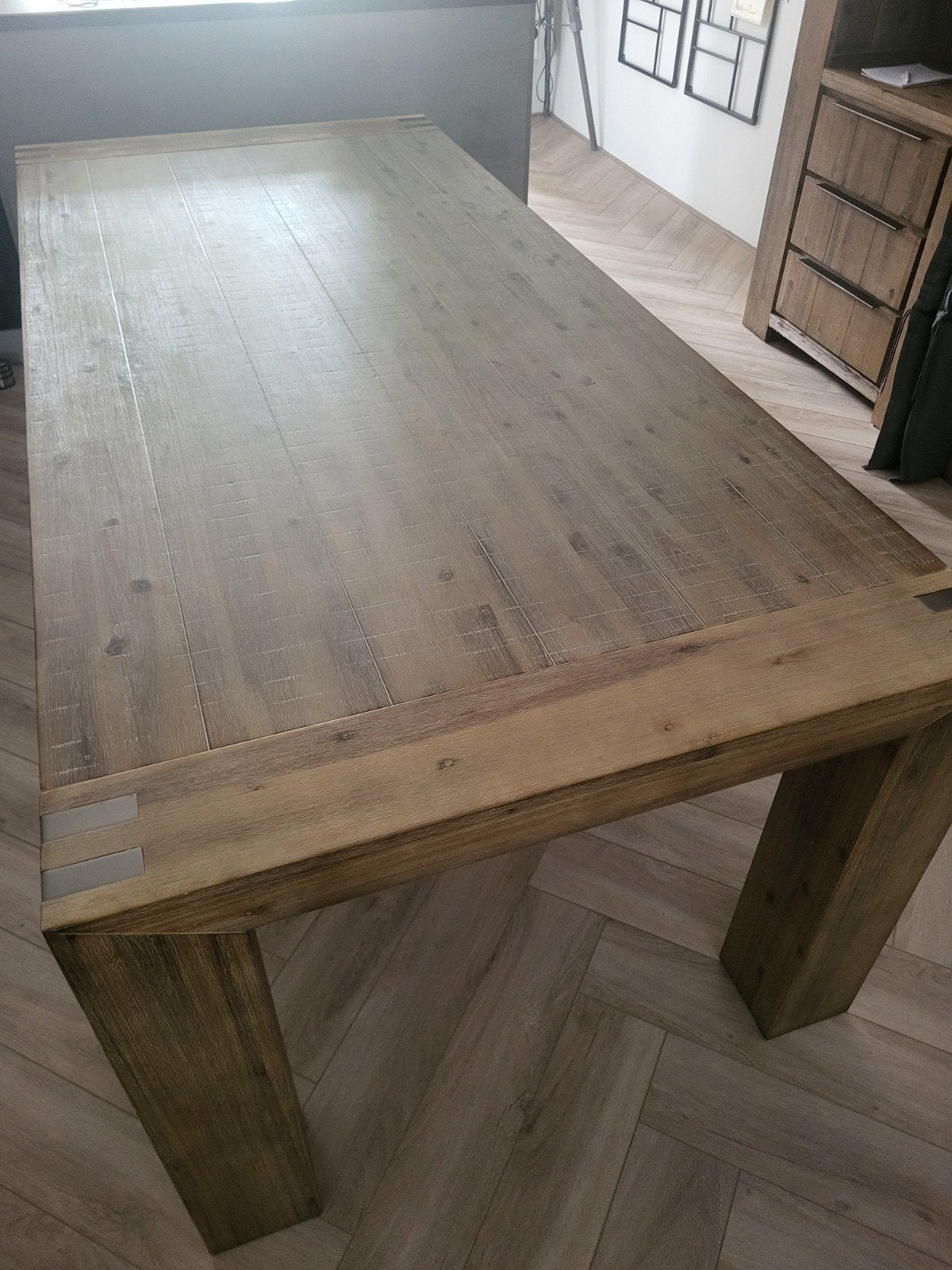 Eettafel Bassano warm grey acaciahout 220x100x78 cm, Ophalen, 100 tot 150 cm, 200 cm of meer, Zo goed als nieuw