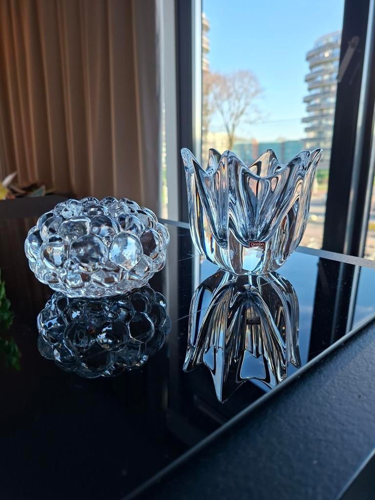 Orrefors Zweden Kristal: Waxinelichtje & Tulpenbakj, Antiek en Kunst, Antiek | Glas en Kristal, Ophalen of Verzenden