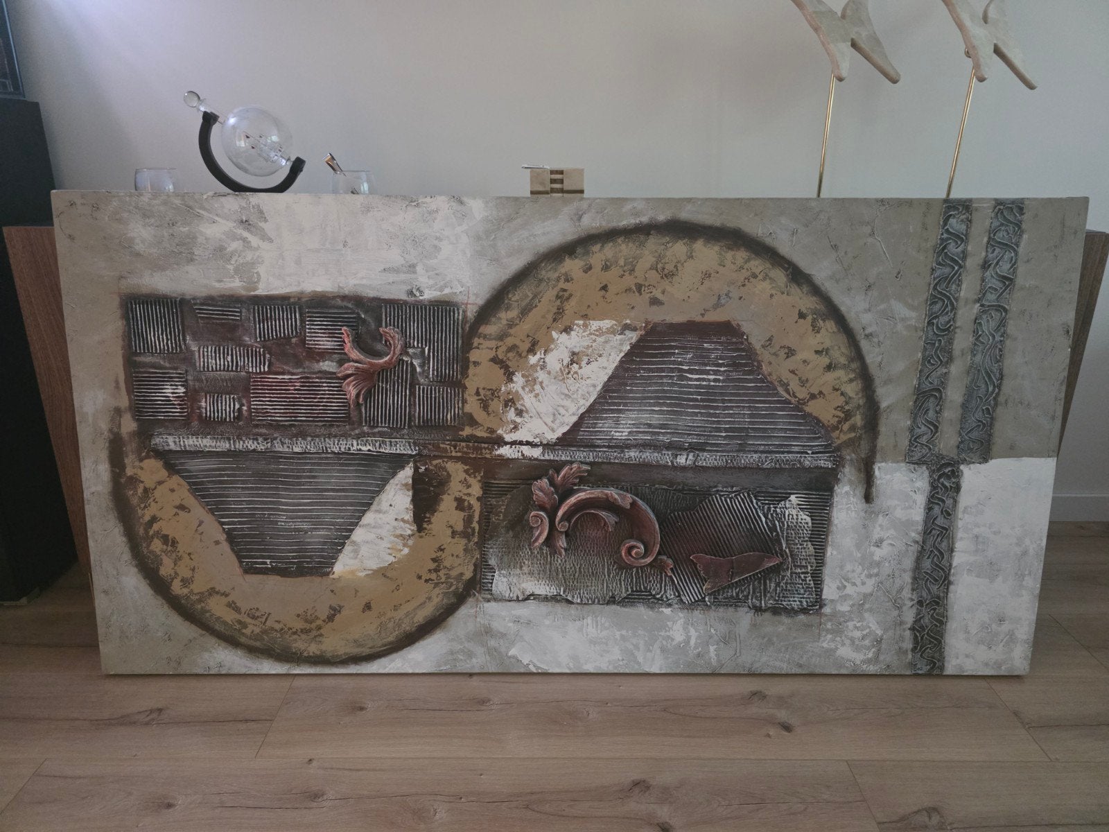 Mooi groot abstract schilderij. 160x80. 3d achtig elementen., Ophalen of Verzenden, Zo goed als nieuw, Vrijstaande haard, Elektrische haard