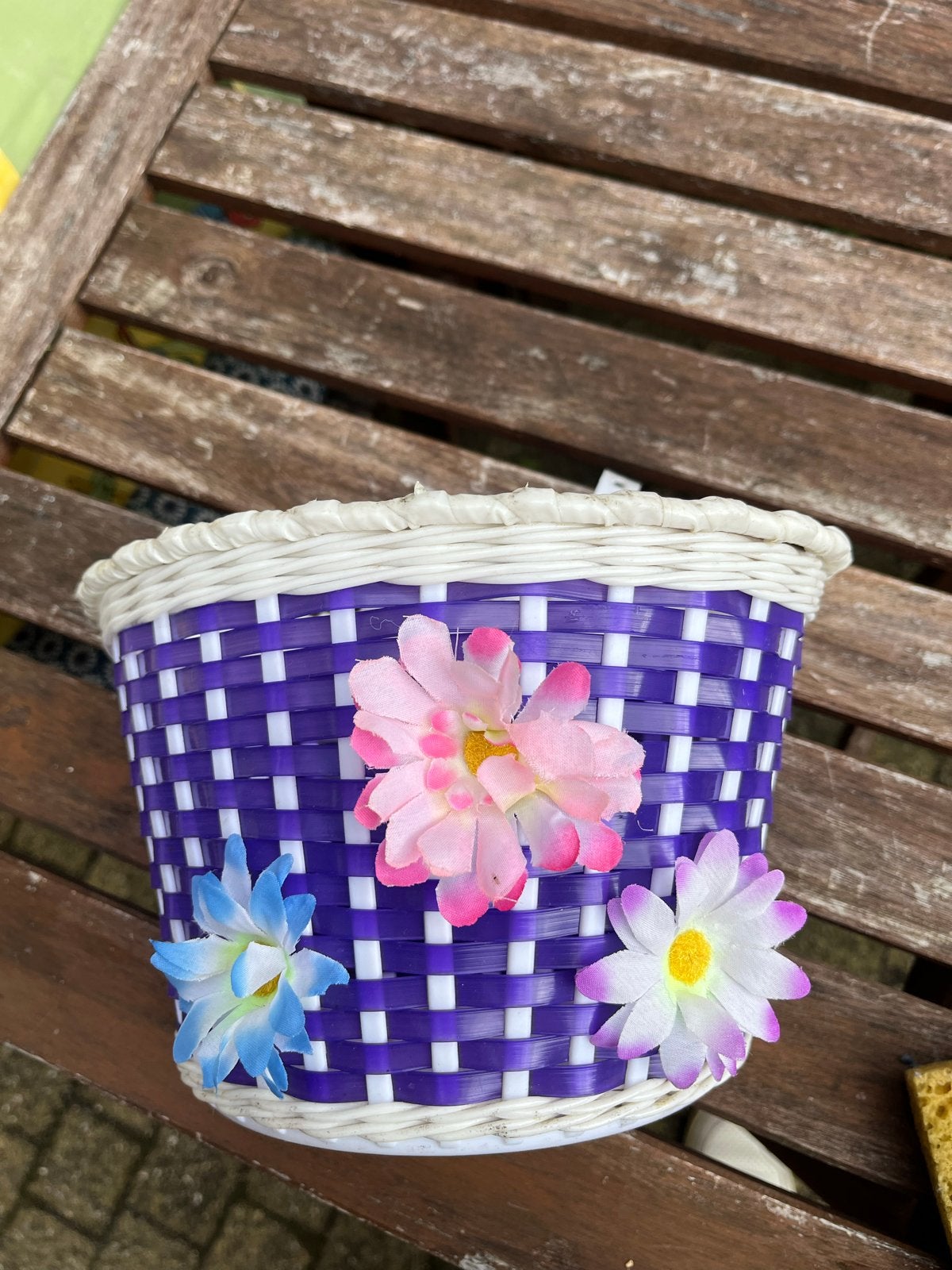 Paarse fietsmand met bloemen voor kinderfiets, Ophalen of Verzenden, Gebruikt, Fietsmand, Stuurbevestiging
