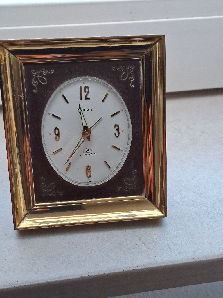 Vintage Swiza 7 Jewels Tafelklokje - Goudkleurig jaren 50, Antiek en Kunst, Antiek | Klokken, Ophalen of Verzenden