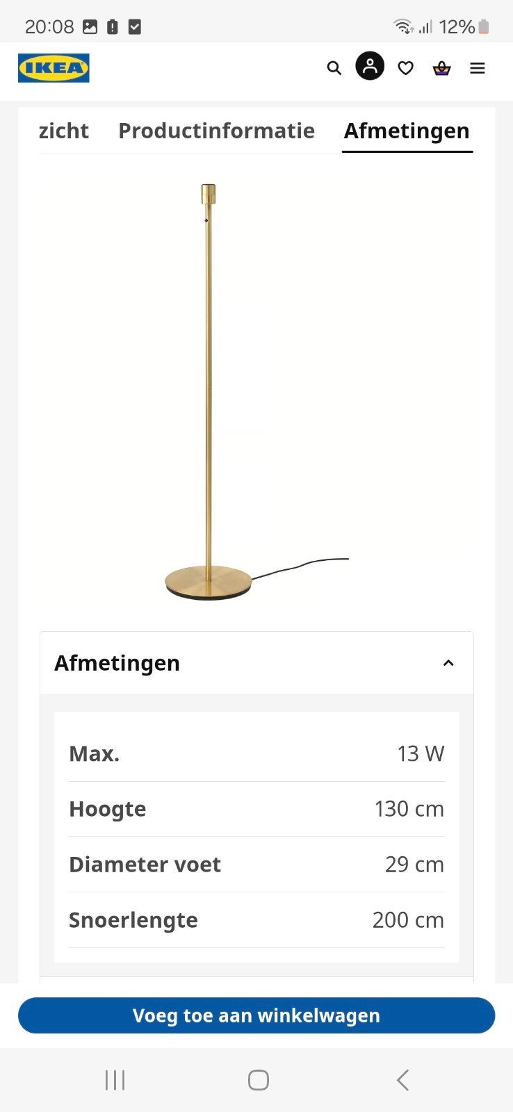 Lampenvoet vloerlamp goud, Ophalen, Zo goed als nieuw, 100 tot 150 cm