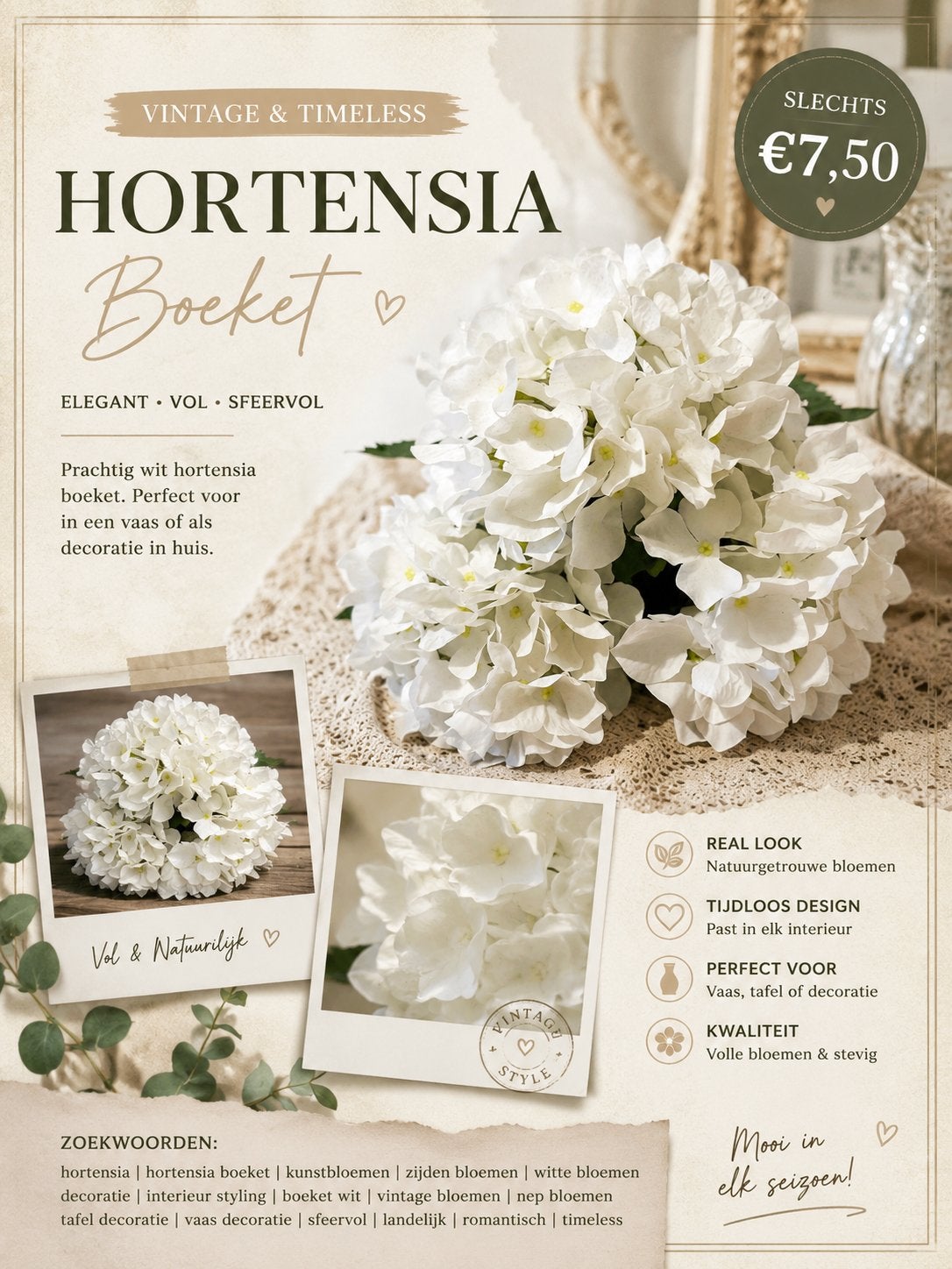 Prachtig wit hortensia boeket - Elegant & Sfeervol, Huis en Inrichting, Woonaccessoires | Kunstplanten en Kunstbloemen, Binnen