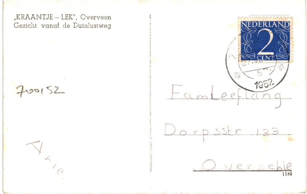 700152	Overveen	NH 1952 Kraantje Lek	Gelopen met zegel, Ophalen of Verzenden, 1940 tot 1960, Gelopen, Noord-Holland