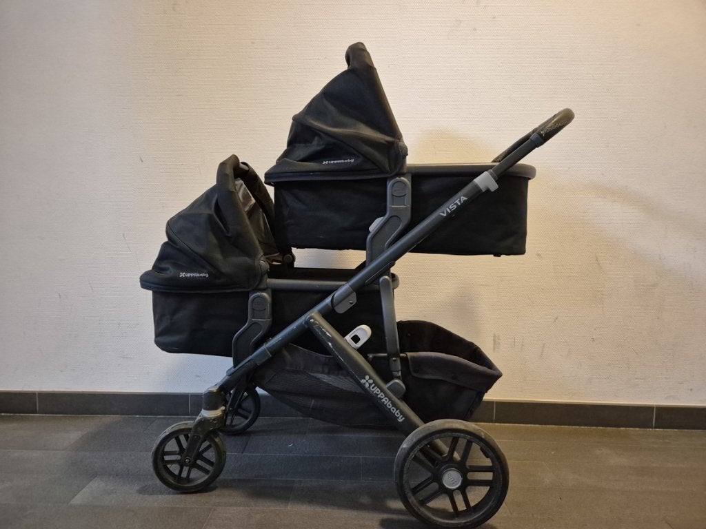 Uppababy Vista Duo tweeling kinderwagen, met accessoires, Gebruikt, Combiwagen, Verstelbare duwstang, Ophalen