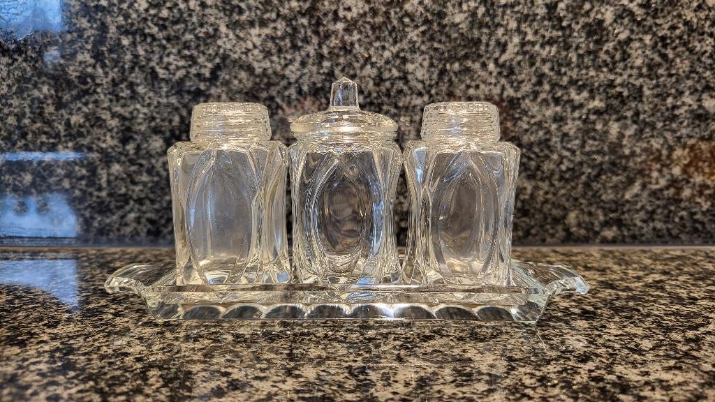 Vintage Menage - 4 delig kristalglas, Antiek en Kunst, Antiek | Glas en Kristal, Ophalen of Verzenden