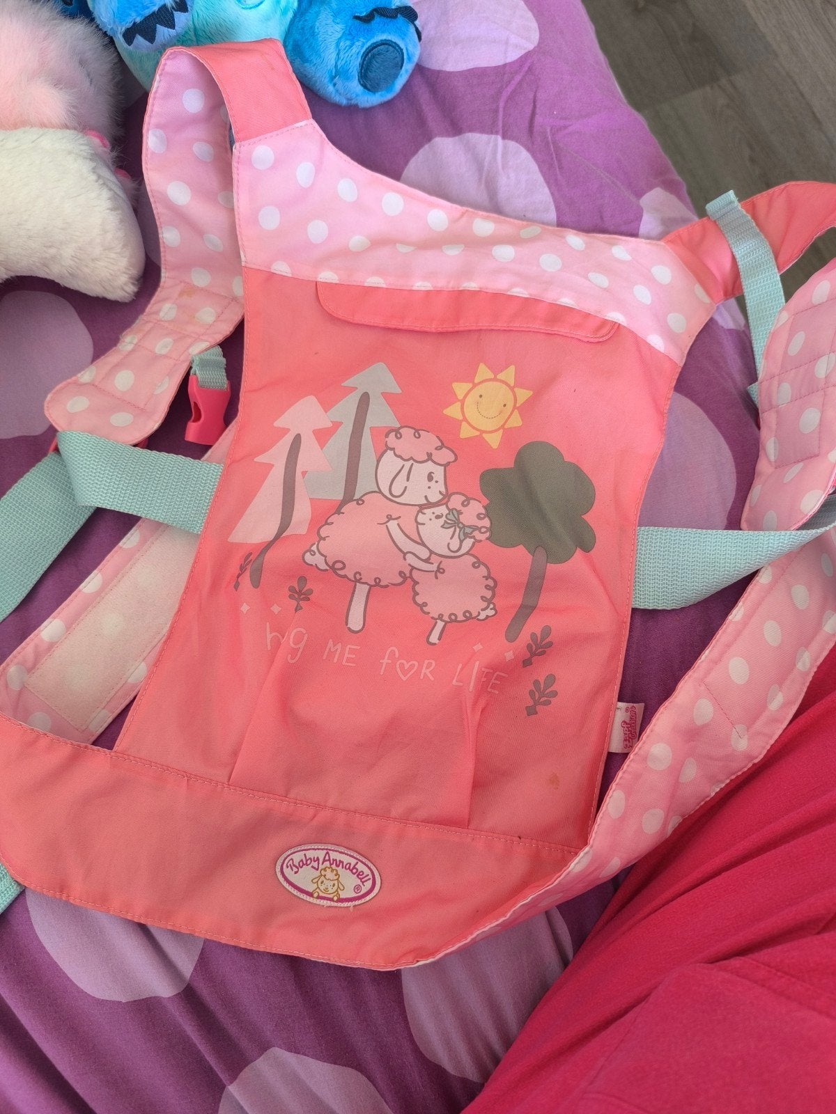 Baby Annabel draagzak - Roze met stippen en schaapjes, Ophalen, Gebruikt