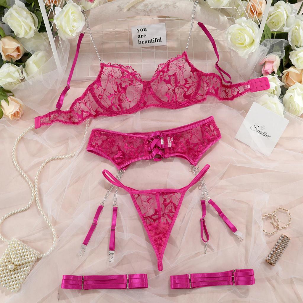 Roze dames lingerie setje / transparante slip sexy kant, Verzenden, Roze, Setje