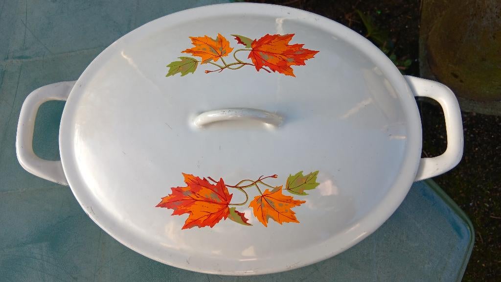 FE Belgium DESCOWARE Maple Leaf gietijzeren pan ovaal (G227), Gebruikt, Gietijzer, Ophalen of Verzenden, Keramische plaat