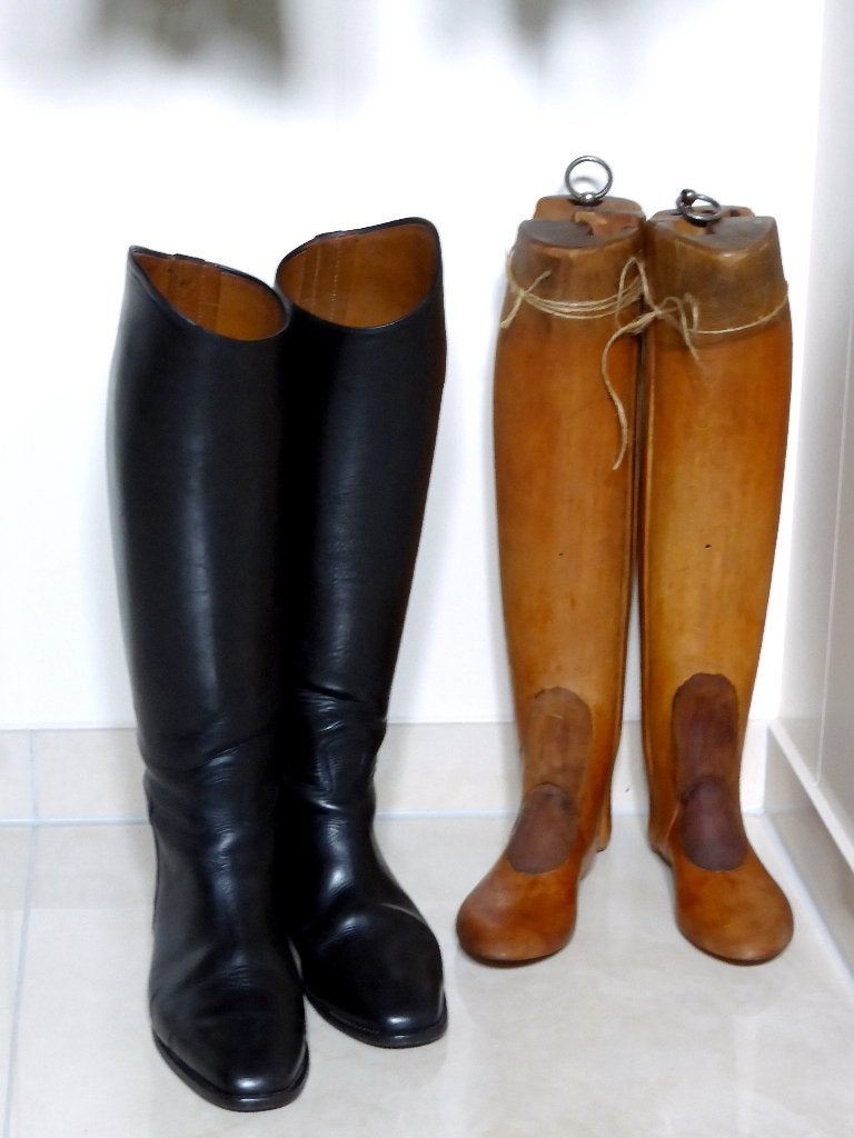 Antieke zwart leren rijlaarzen houten laarzenspanners 2, Ophalen of Verzenden, Dressuur, Schoeisel