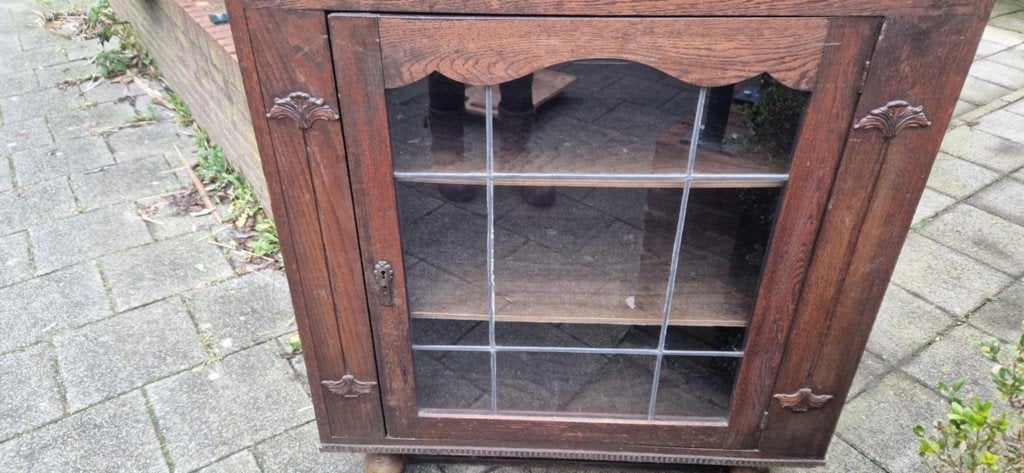 Houten (thee)kastje + glas in lood in het deurtje (brocante), Ophalen, Gebruikt