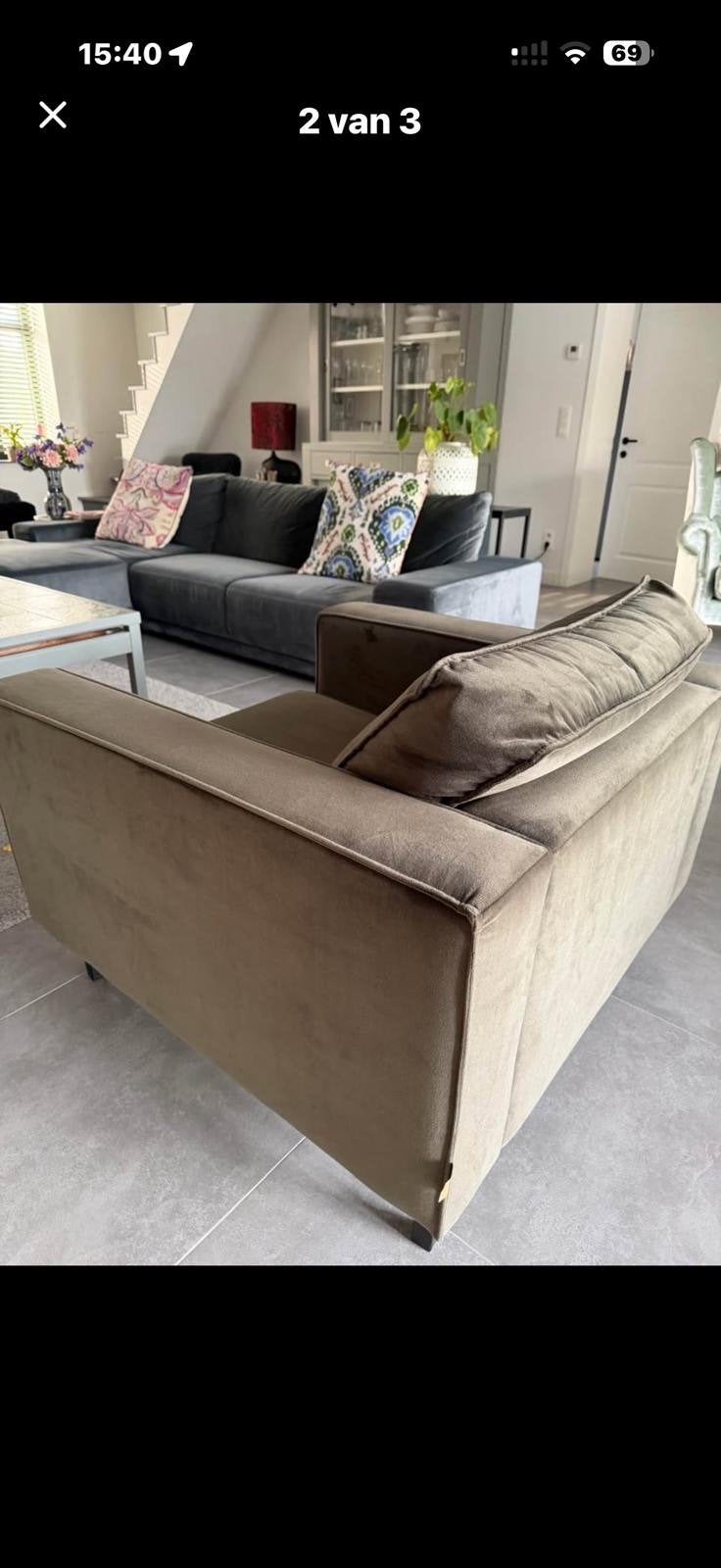 Mosgroene velvet fauteuil - Rook- en diervrij, Huis en Inrichting, Ophalen, Overige kleuren, Zo goed als nieuw, Eén