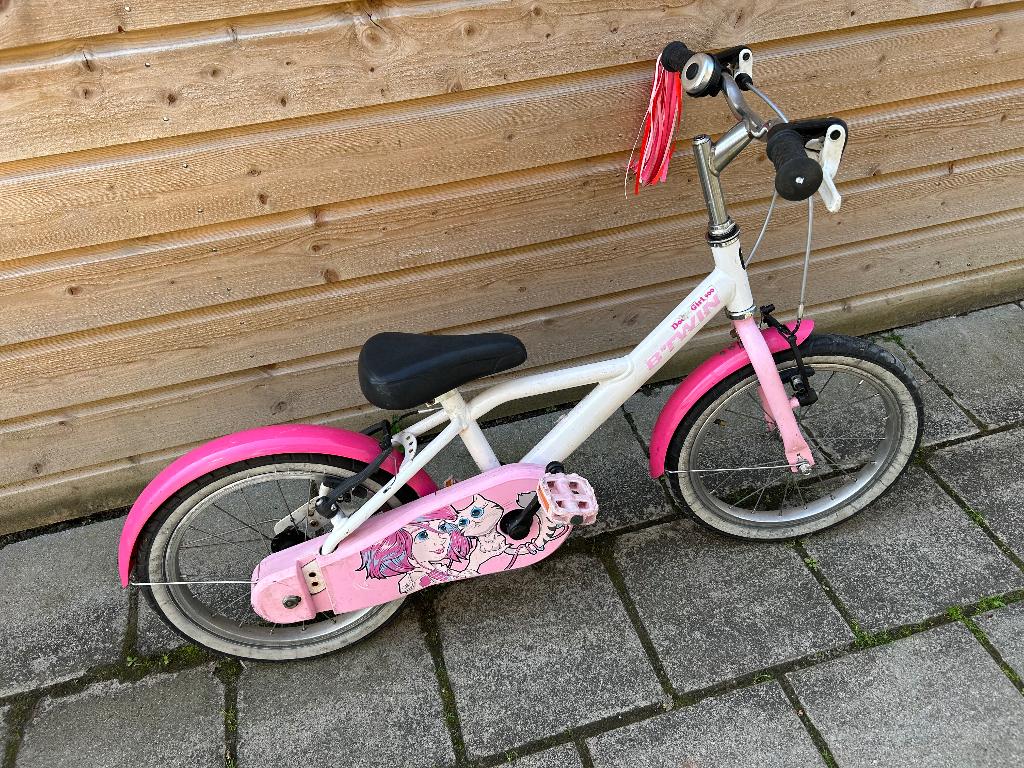 Roze BTwin kinderfiets 16inch, Ophalen, Terugtraprem, Zijwieltjes, BTWIN