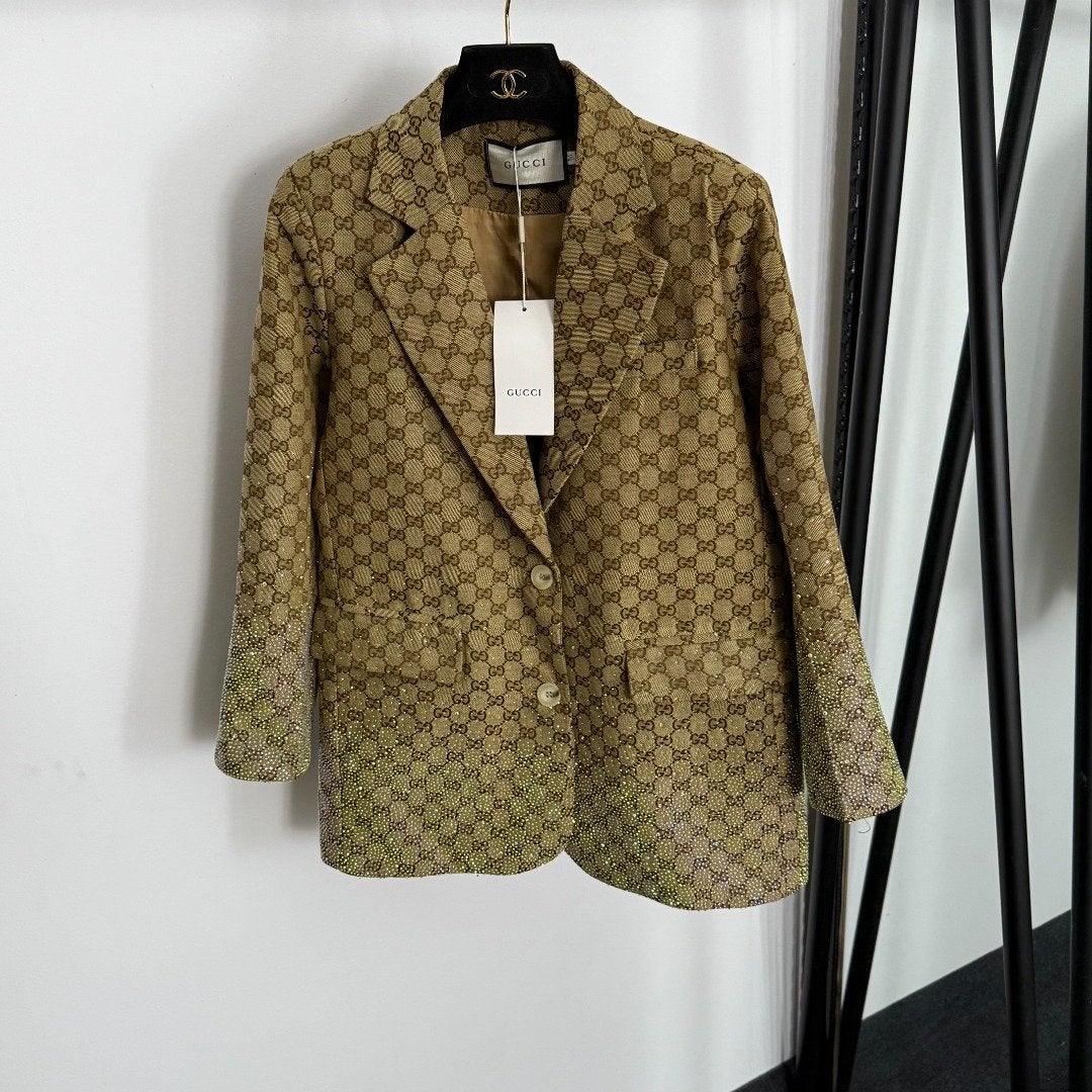 NIEUW Gucci Jasje met GG-patroon en glitterdetails, Kleding | Dames, Beige, Nieuw, Jasje, Ophalen