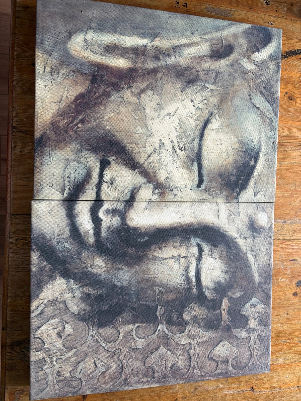 Prachtig tweeluik Buddha canvas van Juul Hoes - Nieuwstaat, Antiek en Kunst, Ophalen of Verzenden, Textiel, Echtheidscertificaat