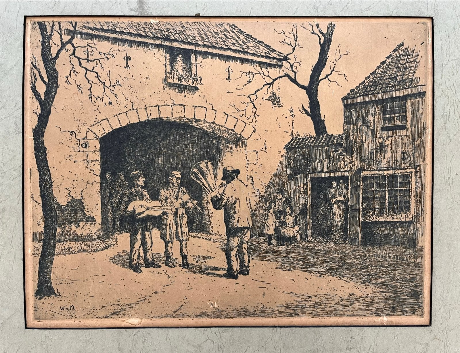 Ets Martin Waning - Straatmuzikanten, Dagelijks leven, Ophalen of Verzenden, 1900 - 1949, Genummerd