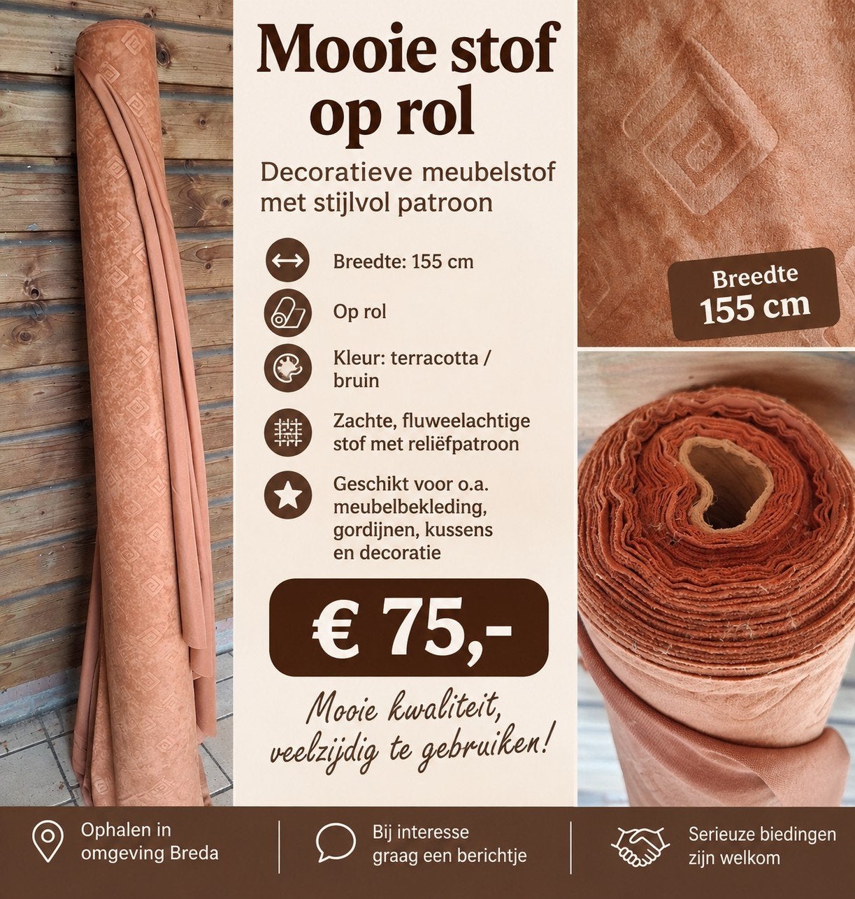 Mooie decoratieve meubelstof op rol - Terracotta/Bruin, Ophalen, Overige materialen, Bruin, 120 cm of meer