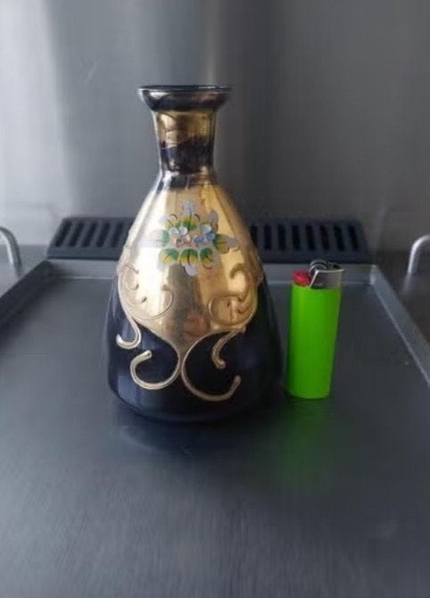 Jugendstil fles/ vaas met paars glas, Ophalen of Verzenden