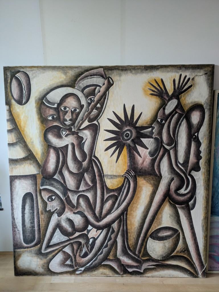 Afrikaans kunst schilderij, Antiek en Kunst, Kunst | Niet-Westerse kunst, Ophalen, 150 cm, Handgemaakt, Schilderij