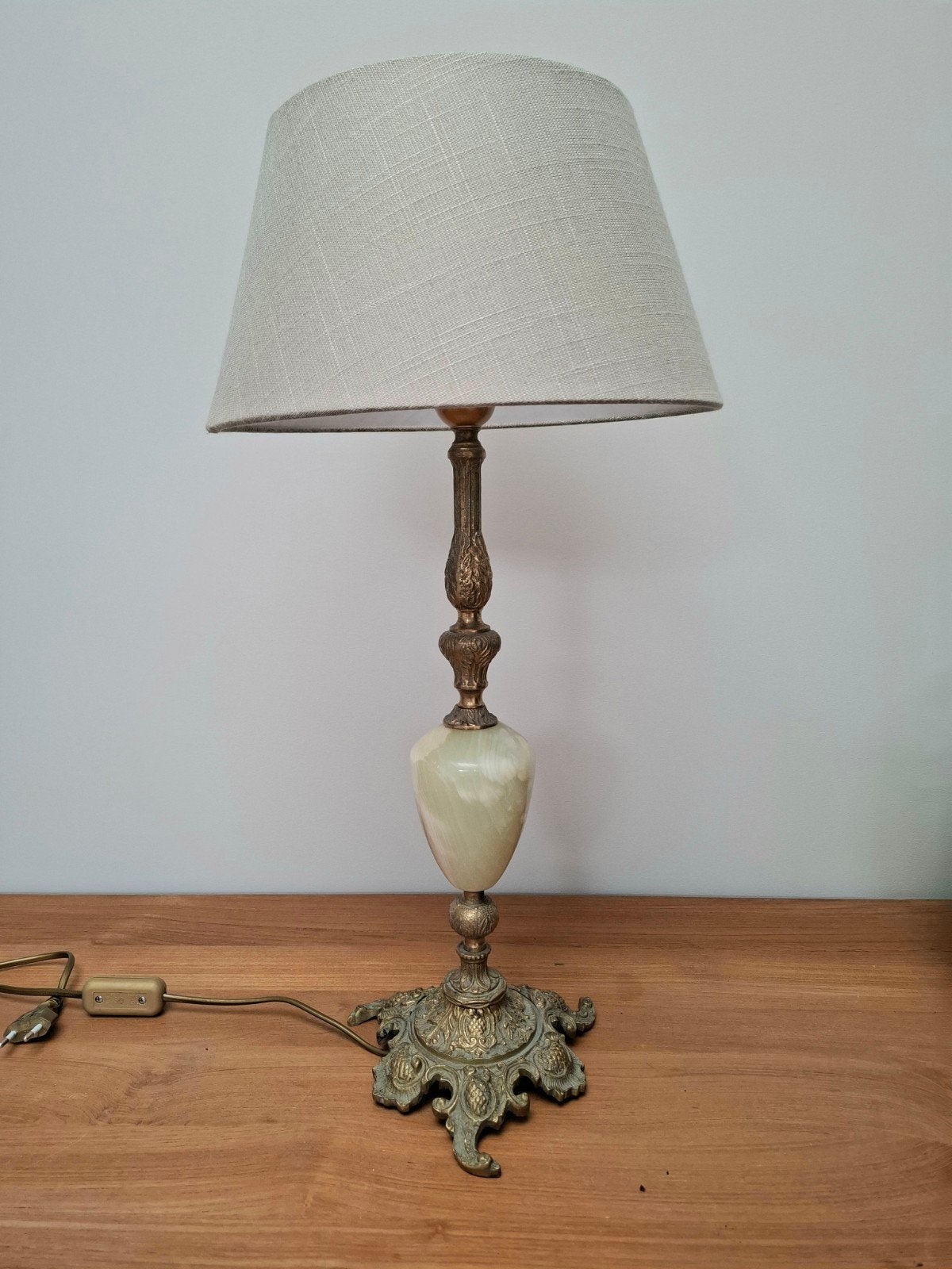 Brons met Onyx lamp met linnen lampenkap, Ophalen of Verzenden, Met schakelaar, Vintage